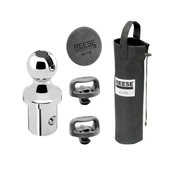 Gooseneck hitch kit with large ball, safety chain holders, and storage bag