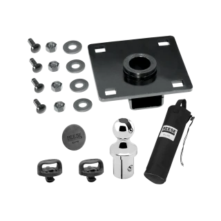 Gooseneck hitch for trucks featuring a pop-in ball and safety chain holders, 25,000 lbs capacity