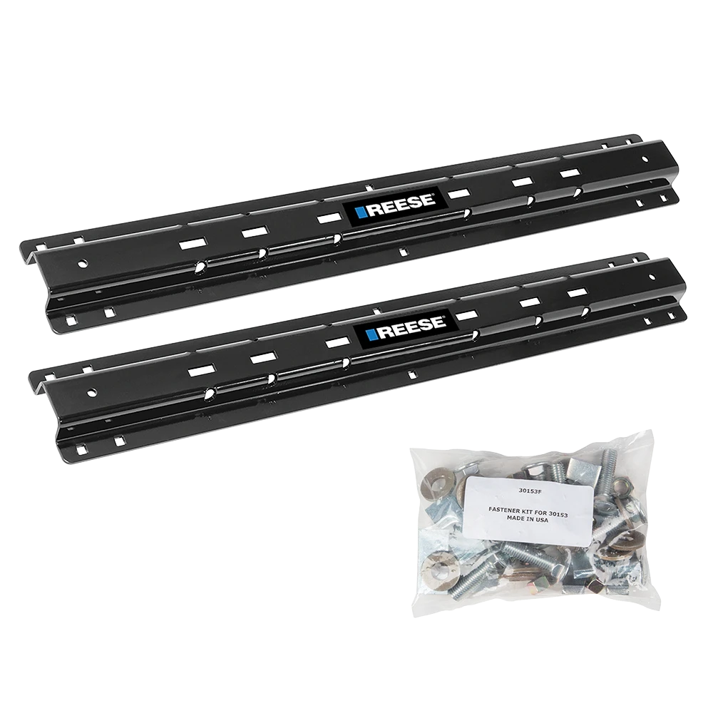 REESE fifth wheel mounting rails installed in a truck bed for towing
