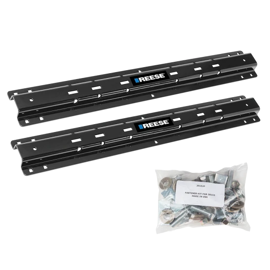 REESE fifth wheel mounting rails installed in a truck bed for towing