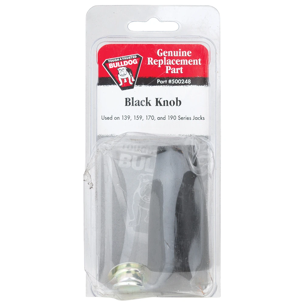 Teardrop shaped black plastic BULLDOG trailer jack crank knob with installation hardware