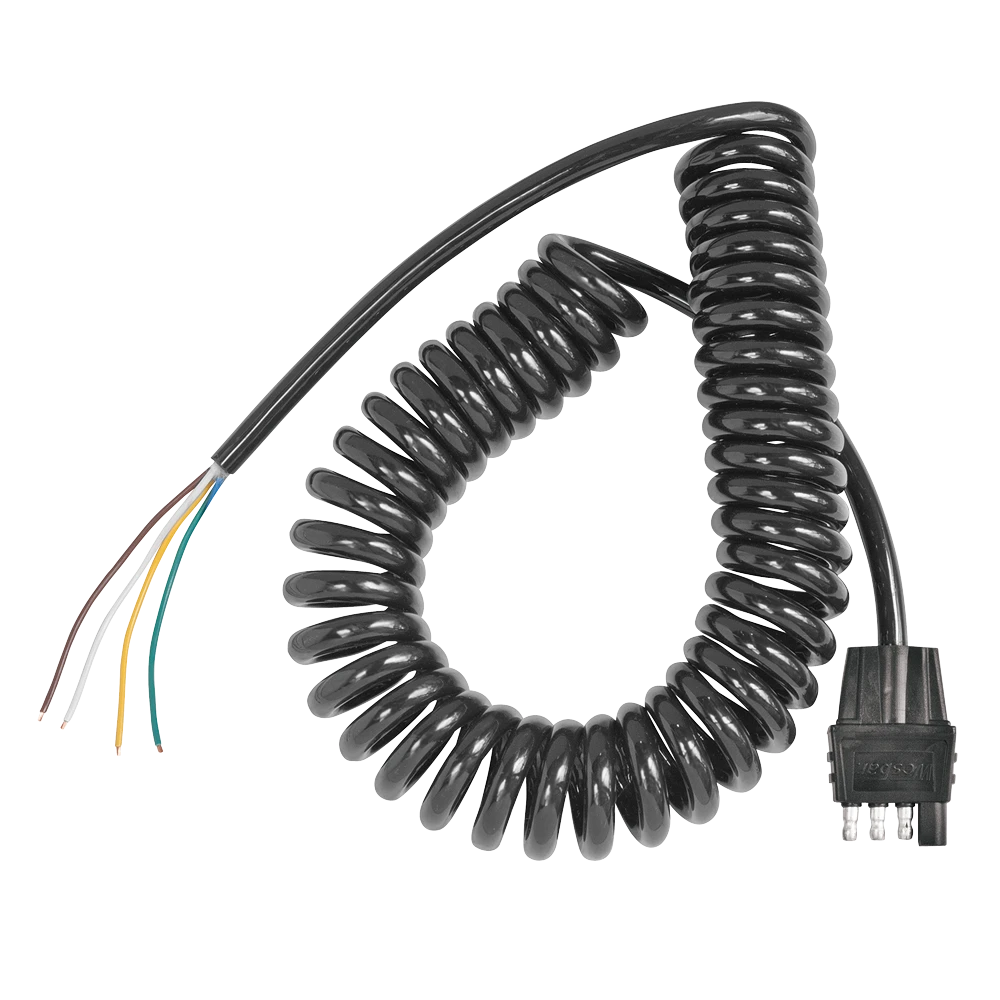 Coiled 16 Gauge Cable with 4 or 5-Way Flat Trailer Connectors Coiled 16-gauge cable with 4-way or 5-way flat trailer end connectors, extends to 11 feet.