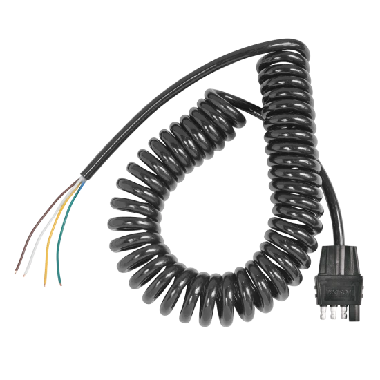 Coiled 16 Gauge Cable with 4 or 5-Way Flat Trailer Connectors Coiled 16-gauge cable with 4-way or 5-way flat trailer end connectors, extends to 11 feet.
