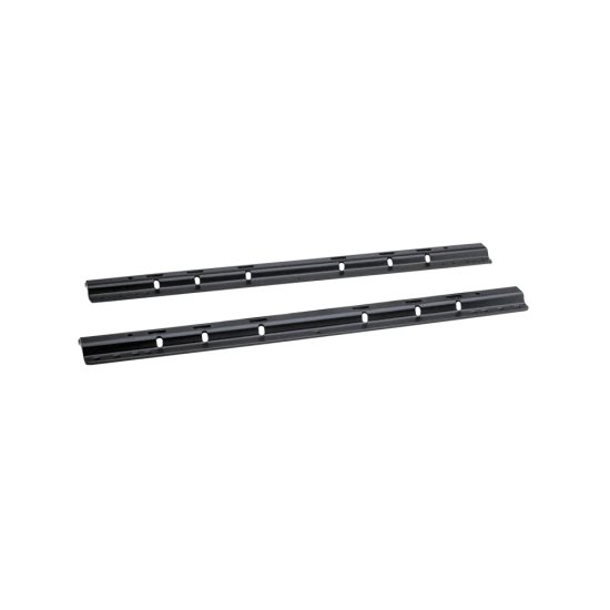 Black REESE mounting rails installed in the bed of a pickup truck for fifth wheel hitch towing.