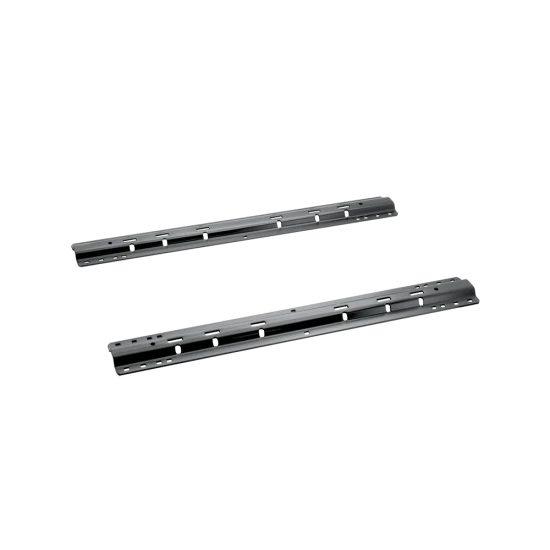 Black REESE mounting rails installed in the bed of a pickup truck for fifth wheel hitch towing.