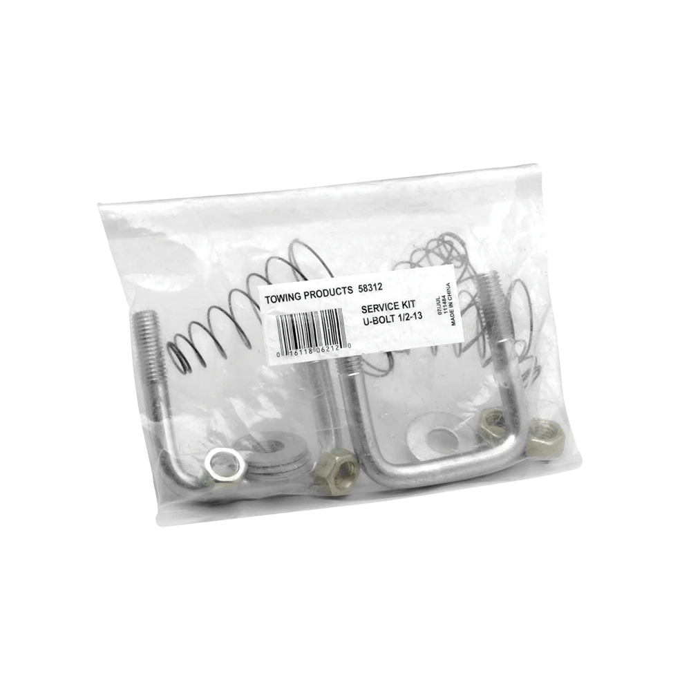 Kit of gooseneck hitch parts including U-Bolts, springs, washers, and lock nuts with warranty