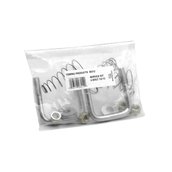 Kit of gooseneck hitch parts including U-Bolts, springs, washers, and lock nuts with warranty