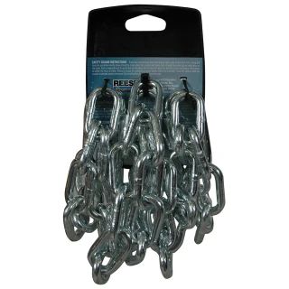 REESE safety chains featuring 72-inch length and 5000 lbs capacity with a bright zinc finish and quick links.