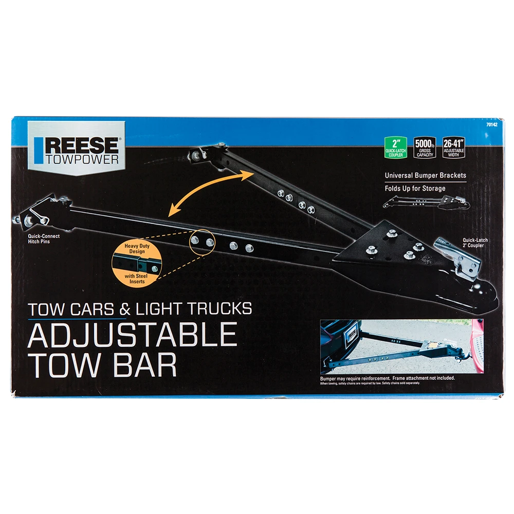 REESE adjustable tow bars securely towing a vehicle with easy installation.