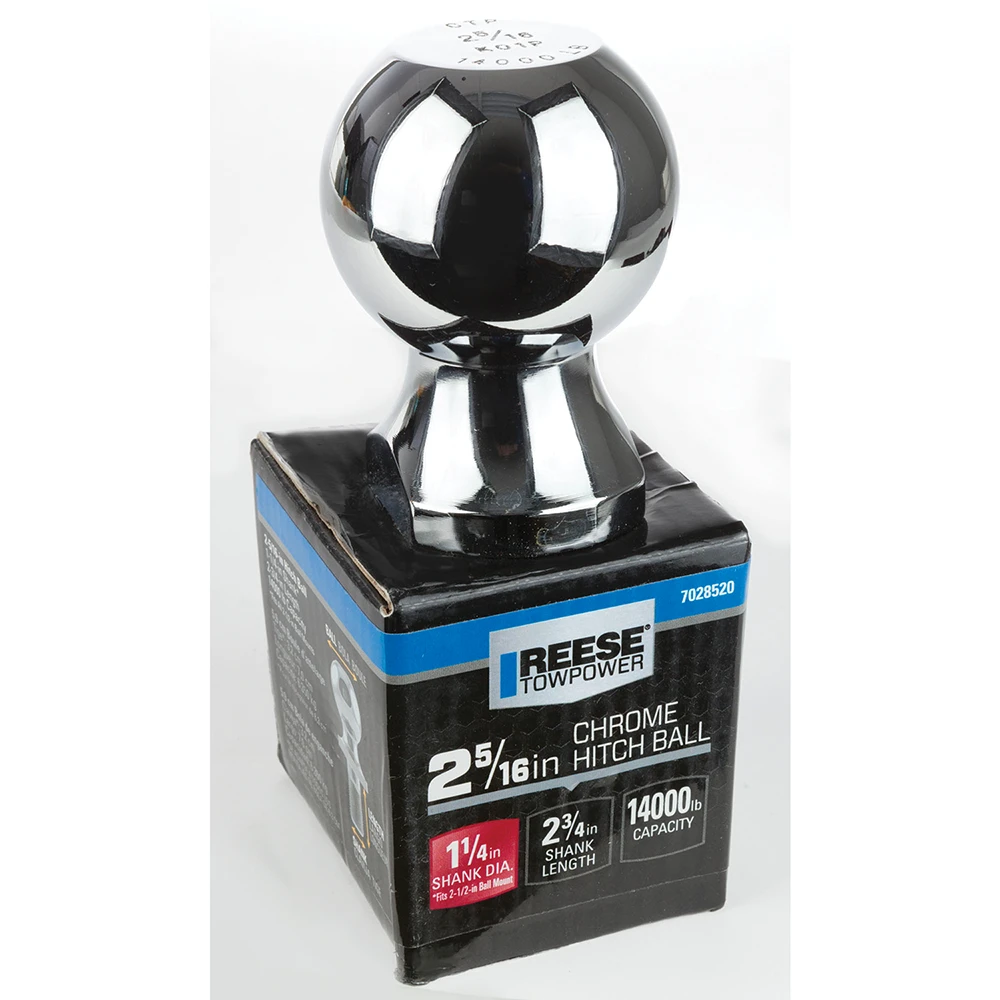 REESE hitch ball with 2-5/16 inch diameter, chrome finish, torque to 450 ft. pounds
