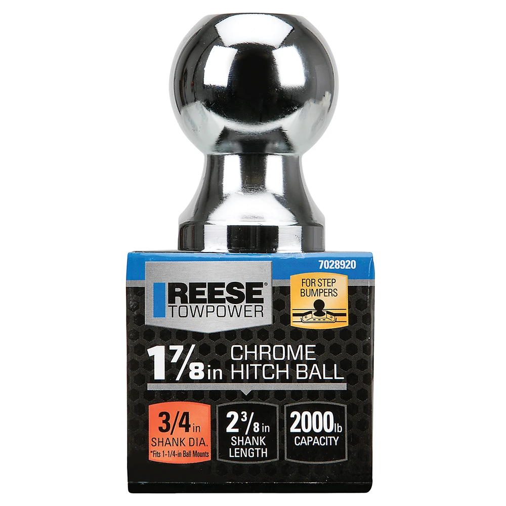 Chrome finished REESE Towpower hitch ball with 1-7/8 inch diameter and Interlock system