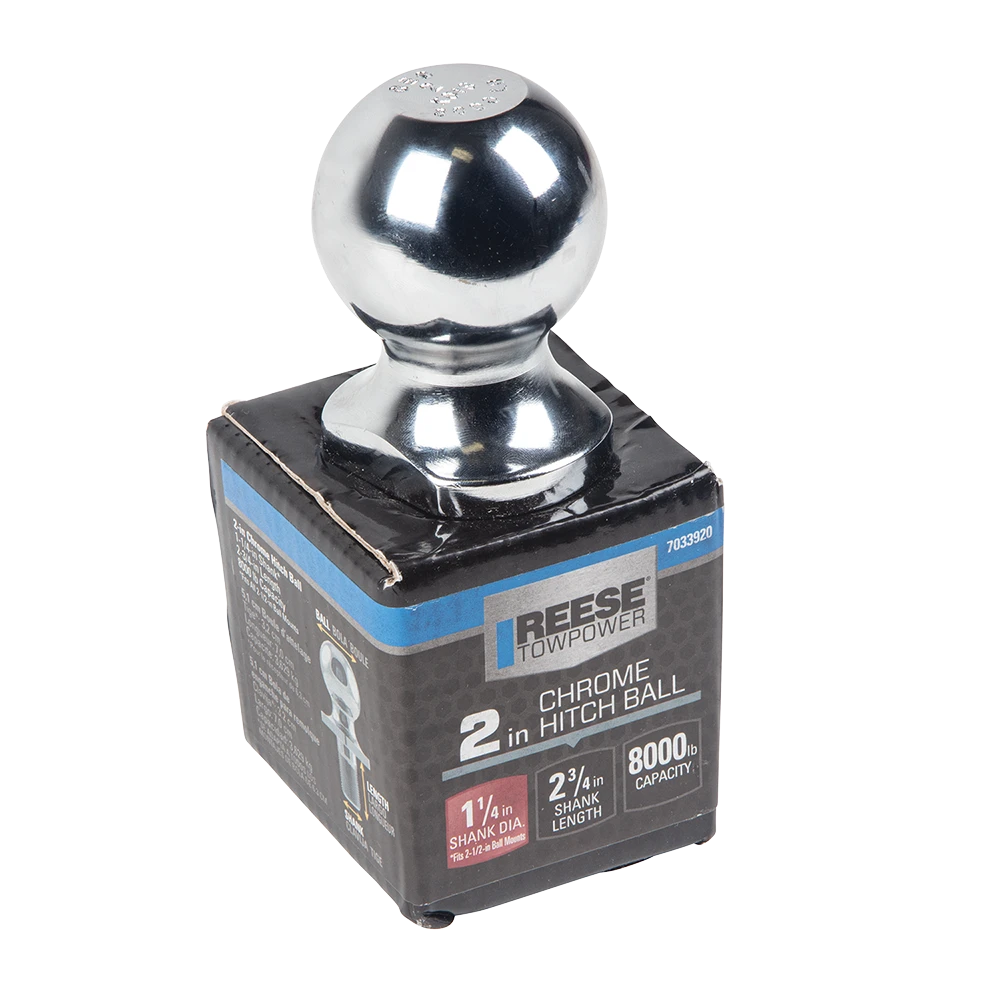 REESE hitch ball with chrome finish, 2 inch ball diameter and 8,000 lbs capacity