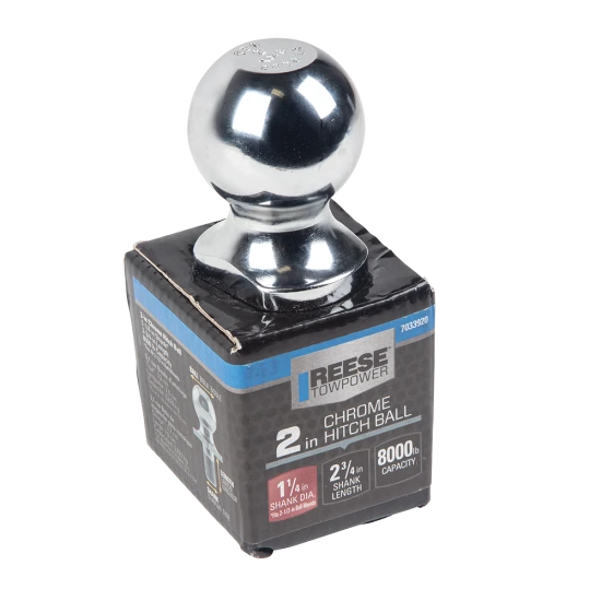REESE hitch ball with chrome finish, 2 inch ball diameter and 8,000 lbs capacity