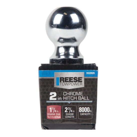 REESE hitch ball with chrome finish, 2 inch ball diameter and 8,000 lbs capacity
