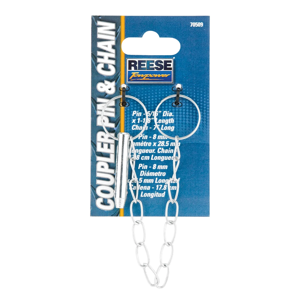 REESE Towpower 5/16 inch trailer coupler pin and safety chain for secure coupling.