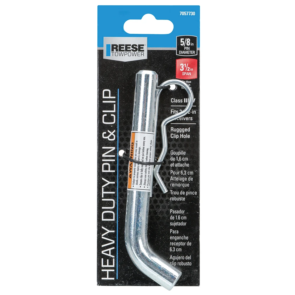 REESE Towpower Heavy Duty 5/8-inch diameter hitch pin with clip for secure mounting in Class III, IV, and V receivers