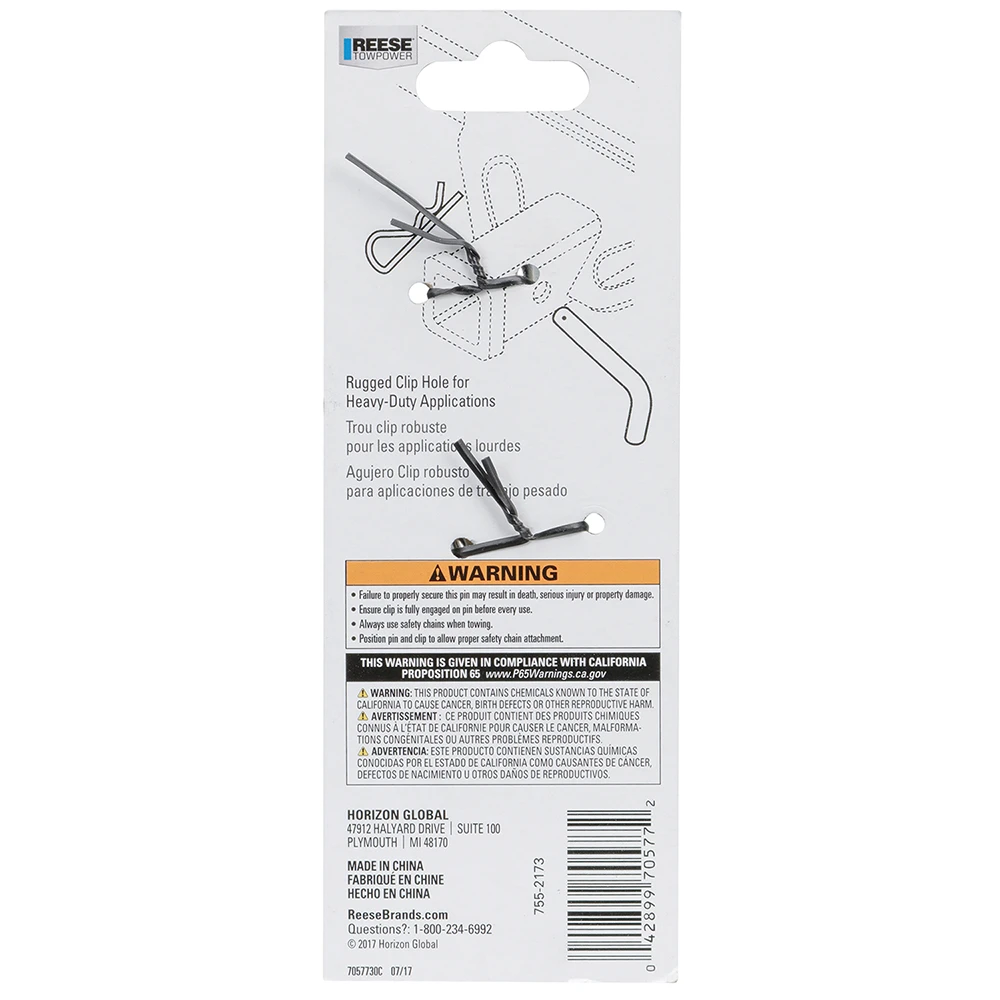 REESE Towpower Heavy Duty 5/8-inch diameter hitch pin with clip for secure mounting in Class III, IV, and V receivers