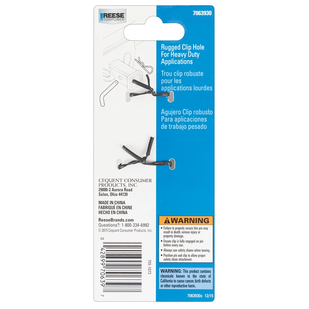 REESE Towpower Heavy Duty hitch pin with 5/8 inch diameter and clip for Class III & IV