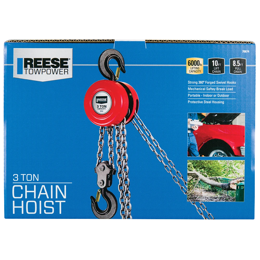 REESE Towpower chain hoist with a 6000 lbs capacity and swivel hooks