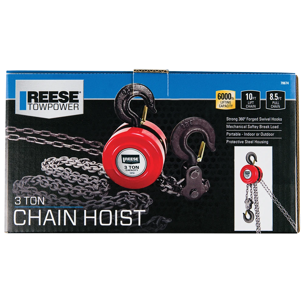 REESE Towpower chain hoist with a 6000 lbs capacity and swivel hooks