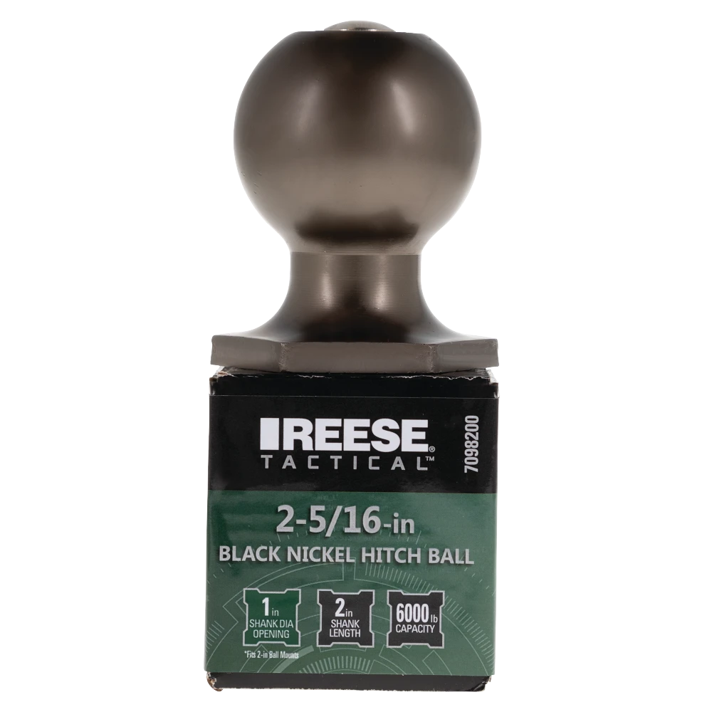 REESE Tactical 2-5/16 Inch Black Nickel Hitch Ball REESE Tactical hitch ball with 2-5/16 inch diameter and 6,000 lbs capacity