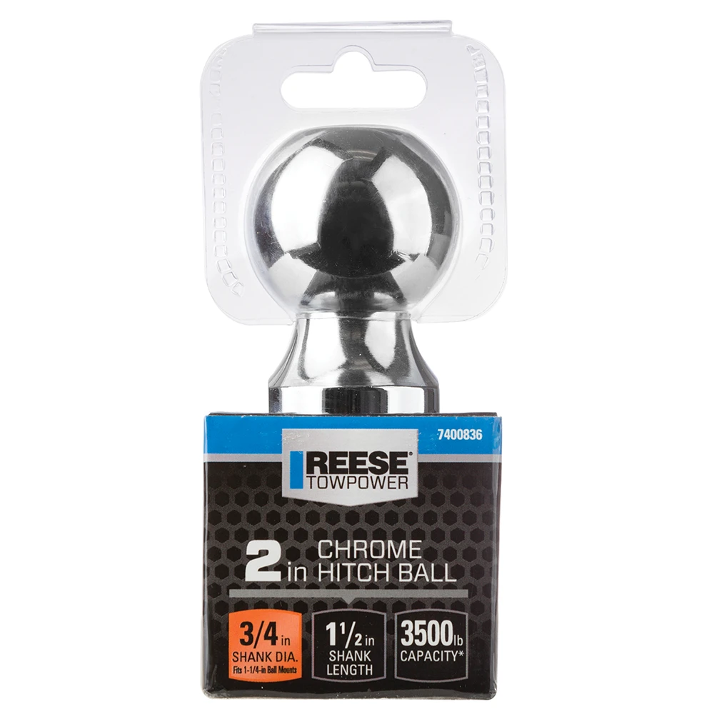 REESE 2 Inch Chrome Hitch Ball with 3,500 lbs Capacity REESE hitch ball with chrome finish, 2 inch diameter and 3,500 lbs towing capacity