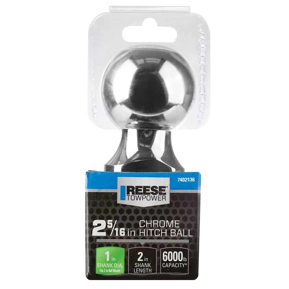 REESE hitch ball with chrome finish ensuring secure towing, 6000 lbs capacity, 2-5/16 inch ball diameter.
