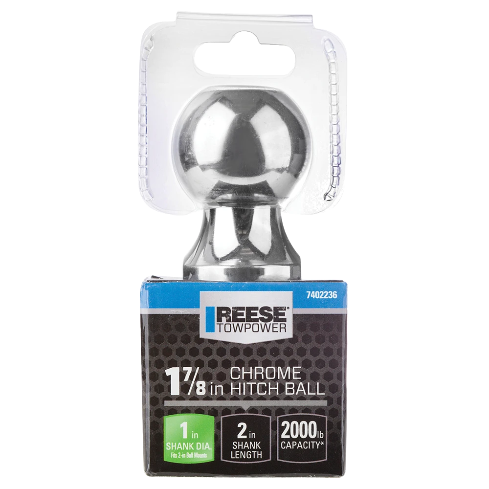 REESE hitch ball in chrome finish with 1-7/8 inch diameter, suitable for secure trailer towing with 2000 lbs capacity