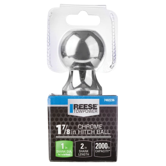 REESE hitch ball in chrome finish with 1-7/8 inch diameter, suitable for secure trailer towing with 2000 lbs capacity