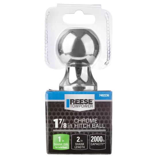REESE hitch ball in chrome finish with 1-7/8 inch diameter, suitable for secure trailer towing with 2000 lbs capacity
