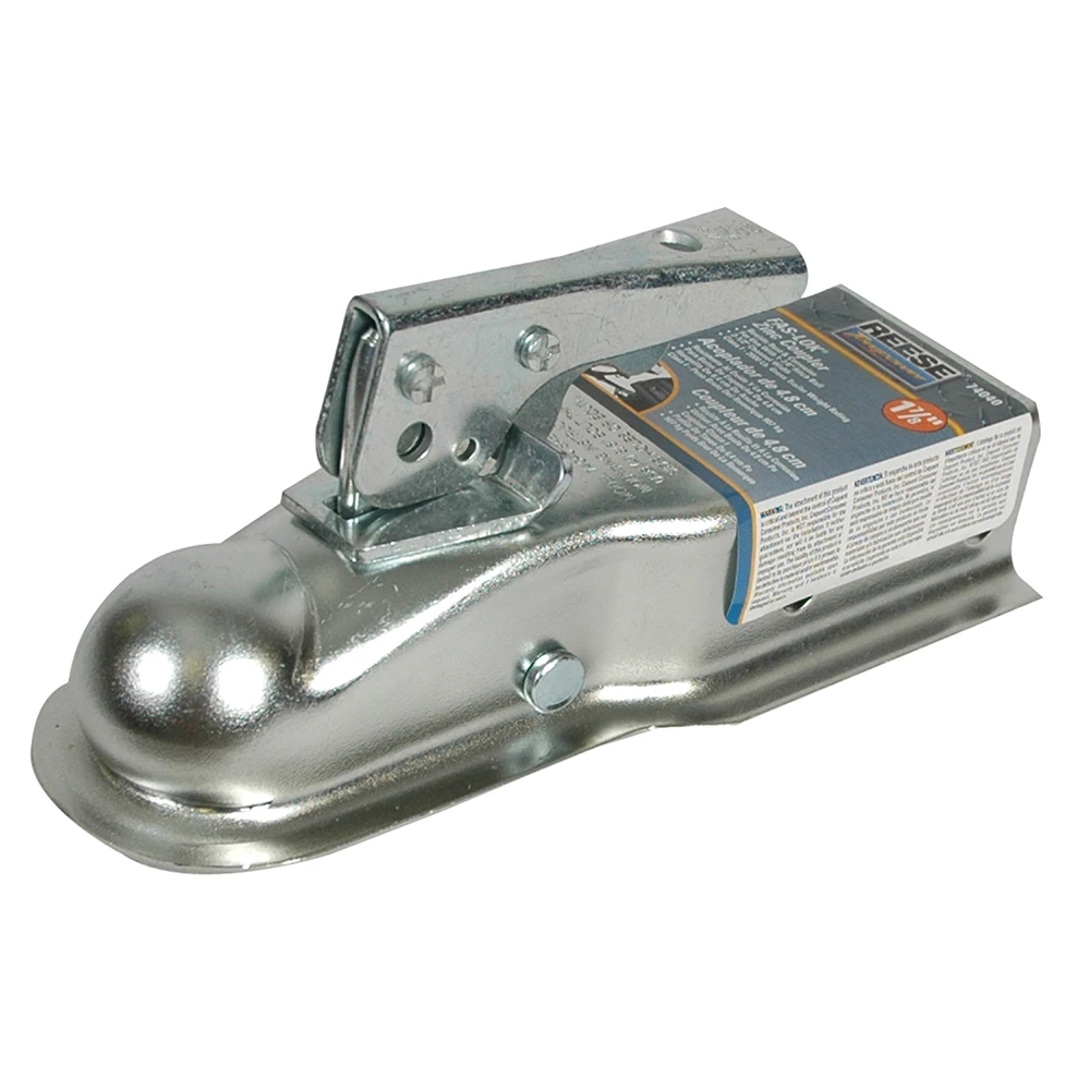 Straight trailer coupler with 1-7/8 inch ball size, zinc finish, rated for 2000 lbs GTW