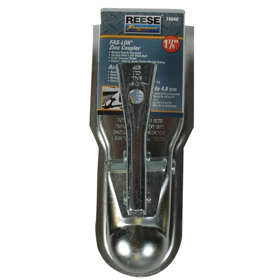 Straight trailer coupler with 1-7/8 inch ball size, zinc finish, rated for 2000 lbs GTW