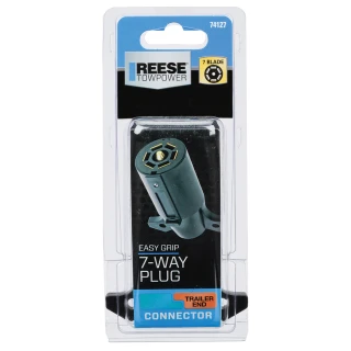 REESE Towpower 7-Way blade trailer end connector featuring brass terminals and non-corrosive housing.
