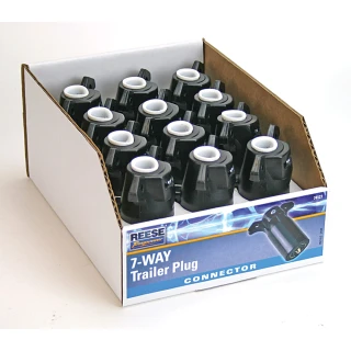 REESE Towpower 7-Way blade trailer end connector featuring brass terminals and non-corrosive housing.