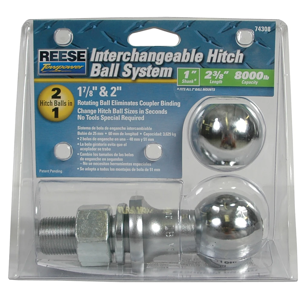 REESE Towpower interchangeable chrome hitch ball system with 1-7/8 In. and 2 In. hitch balls and 1 In. shank.