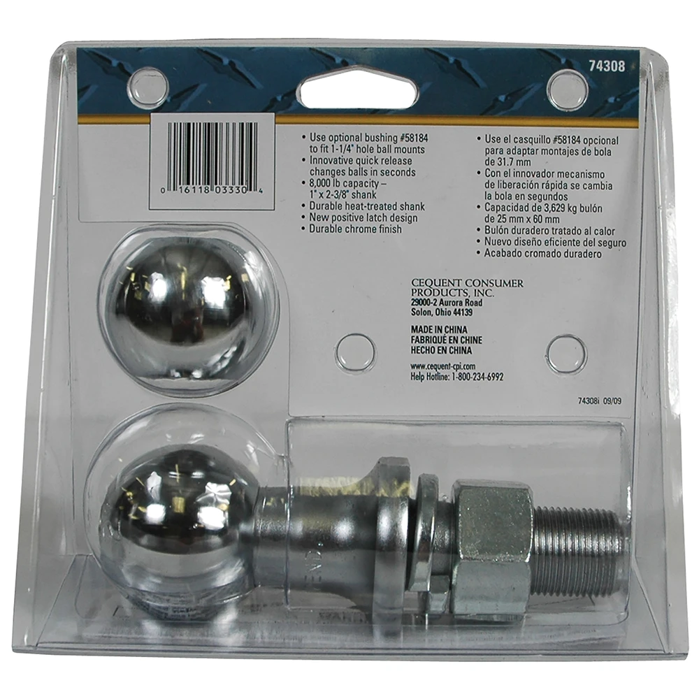 REESE Towpower interchangeable chrome hitch ball system with 1-7/8 In. and 2 In. hitch balls and 1 In. shank.