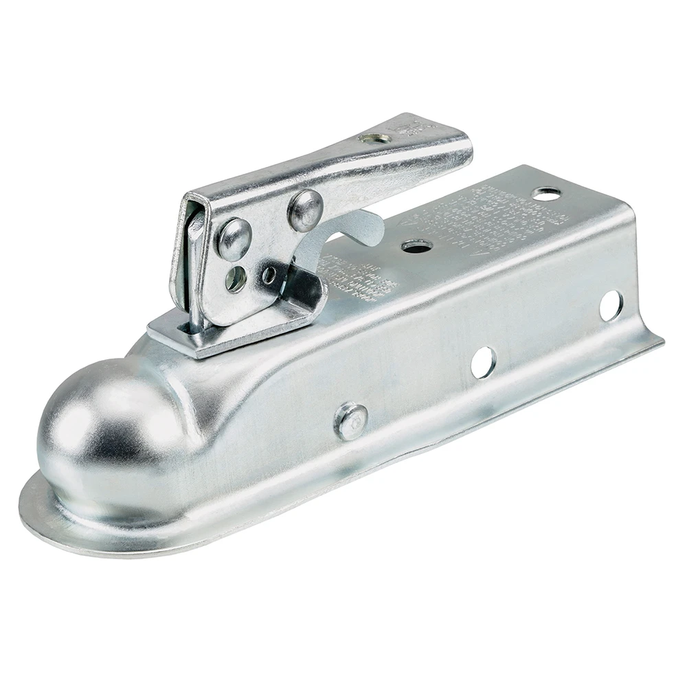 REESE Towpower trailer coupler with zinc finish, 1-7/8 inch ball size fitted on a 2-inch channel, ensures secure attachment.