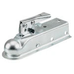 REESE Towpower trailer coupler with zinc finish, 1-7/8 inch ball size fitted on a 2-inch channel, ensures secure attachment.