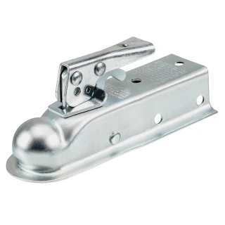 REESE Towpower Trailer Coupler 1-7/8 Inch with Trigger Latch REESE Towpower trailer coupler with zinc finish, 1-7/8 inch ball size fitted on a 2-inch channel, ensures secure attachment.