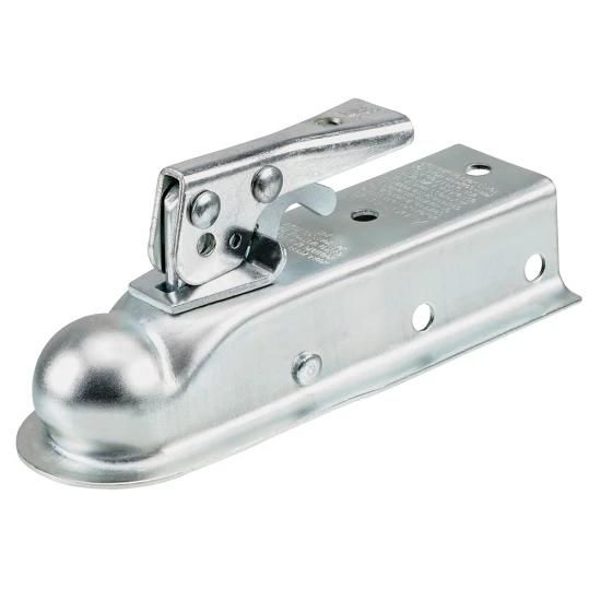REESE Towpower trailer coupler with zinc finish, 1-7/8 inch ball size fitted on a 2-inch channel, ensures secure attachment.