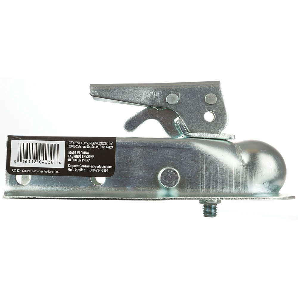 REESE Towpower trailer coupler with zinc finish, 1-7/8 inch ball size fitted on a 2-inch channel, ensures secure attachment.