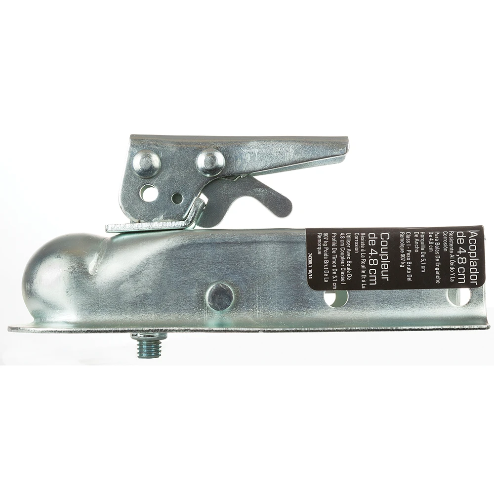 REESE Towpower trailer coupler with zinc finish, 1-7/8 inch ball size fitted on a 2-inch channel, ensures secure attachment.