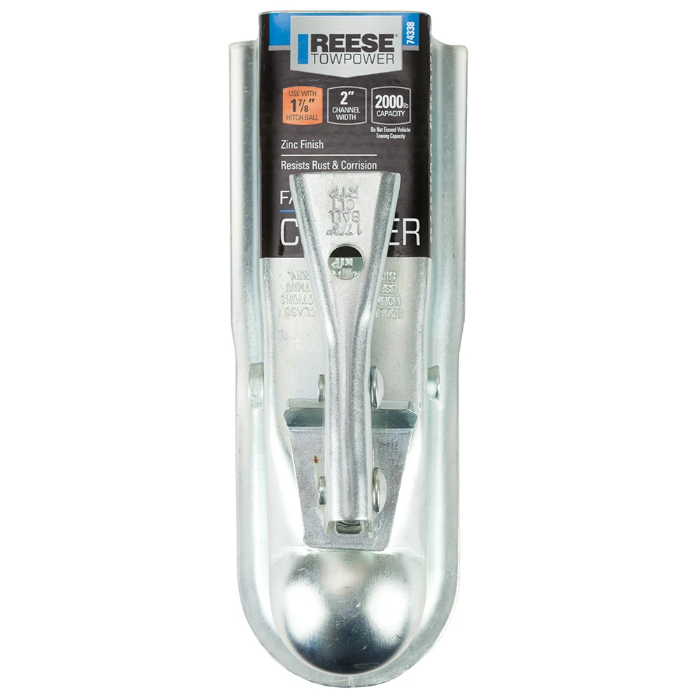REESE Towpower trailer coupler with zinc finish, 1-7/8 inch ball size fitted on a 2-inch channel, ensures secure attachment.