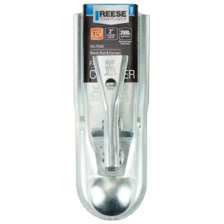 REESE Towpower Trailer Coupler 1-7/8 Inch with Trigger Latch REESE Towpower trailer coupler with zinc finish, 1-7/8 inch ball size fitted on a 2-inch channel, ensures secure attachment.