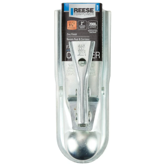 REESE Towpower Trailer Coupler 1-7/8 Inch with Trigger Latch REESE Towpower trailer coupler with zinc finish, 1-7/8 inch ball size fitted on a 2-inch channel, ensures secure attachment.