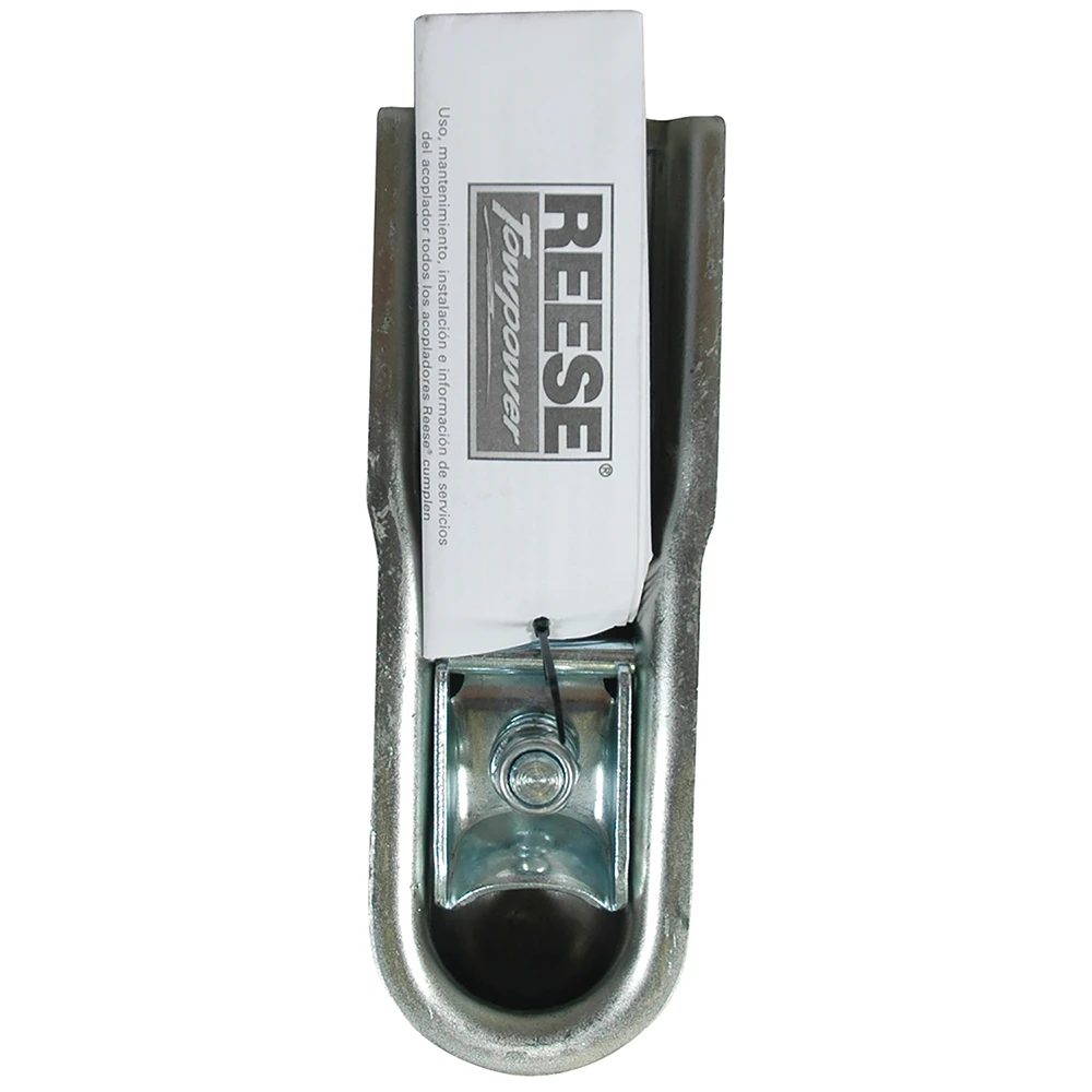 REESE Towpower trailer coupler with zinc finish, 1-7/8 inch ball size fitted on a 2-inch channel, ensures secure attachment.