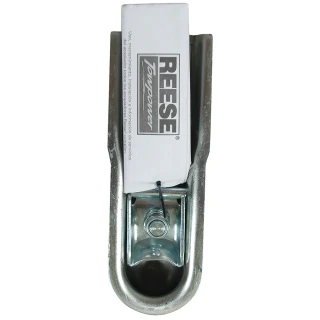 REESE Towpower Trailer Coupler 1-7/8 Inch with Trigger Latch REESE Towpower trailer coupler with zinc finish, 1-7/8 inch ball size fitted on a 2-inch channel, ensures secure attachment.