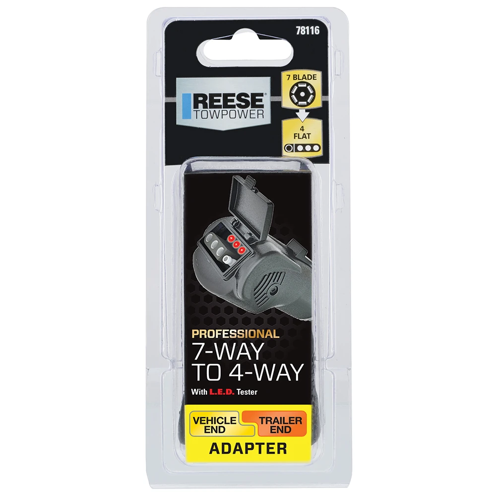 REESE Towpower electrical adapter with LED circuit tester for 7-way to 4-way conversion.