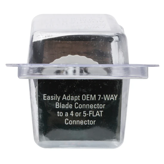 REESE Towpower towing adapter converting 7-way blade to 4 or 5-flat, featuring LED tester and 12V outlet