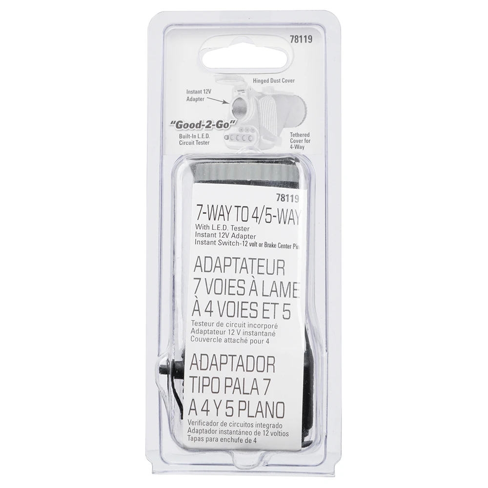 REESE Towpower towing adapter converting 7-way blade to 4 or 5-flat, featuring LED tester and 12V outlet